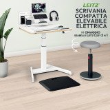 Scrivania compatta elettrica Leitz Sit-Stand bianco + sgabello Leitz Ergo Cosy 2 in 1 grigio incluso