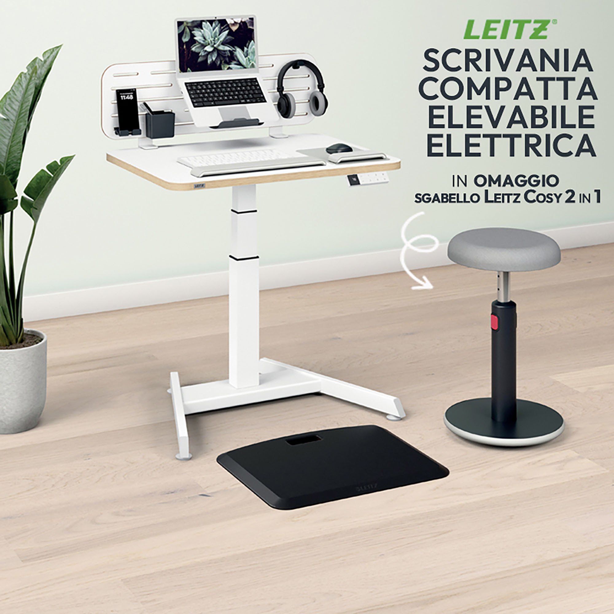 Scrivania compatta elettrica Leitz Sit-Stand bianco + sgabello Leitz Ergo Cosy 2 in 1 grigio incluso