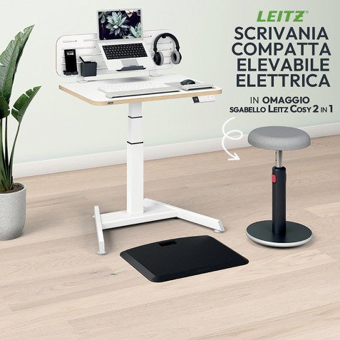 Scrivania compatta elettrica Leitz Sit-Stand bianco + sgabello Leitz Ergo Cosy 2 in 1 grigio incluso