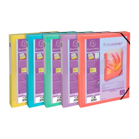 Klasseerdoos plastic personaliseerbaar Exacompta KREACOVER - rug 4 cm assortiment pastelkleuren
