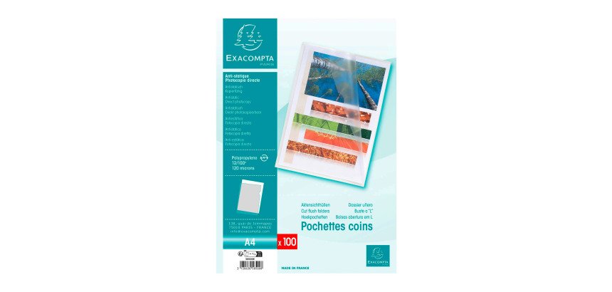 Chemise coin plastique Exacompta A4 polypropylène 12/100e transparente incolore - Paquet de 100