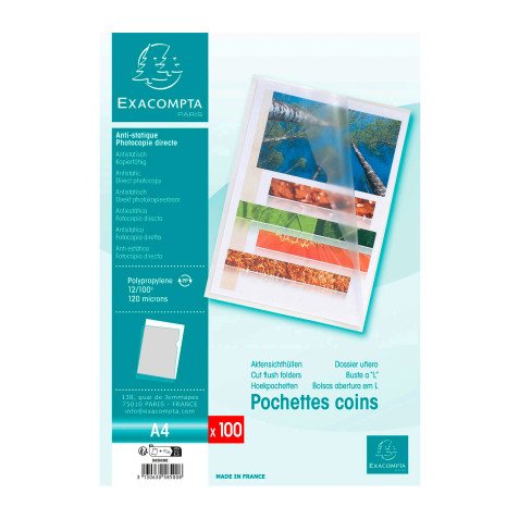 Chemise coin plastique Exacompta A4 polypropylène 12/100e transparente incolore - Paquet de 100