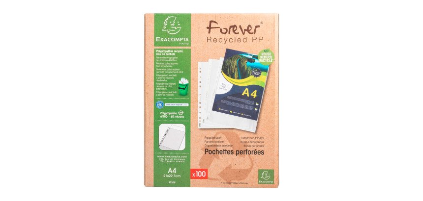 Pochettes perforées Exacompta Forever A4 polypropylène recyclé grainé 6/100e - Boite de 100