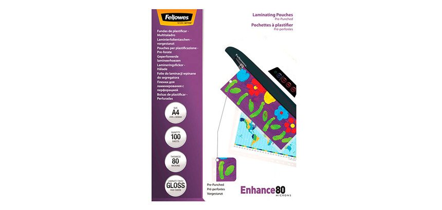Pochettes de plastification perforées Fellowes A4 2 x 80 µ brillantes - Boite de 100