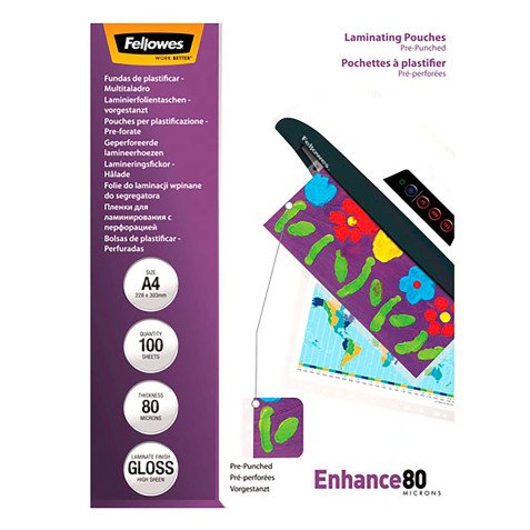 Pochettes de plastification perforées Fellowes A4 2 x 80 µ brillantes - Boite de 100