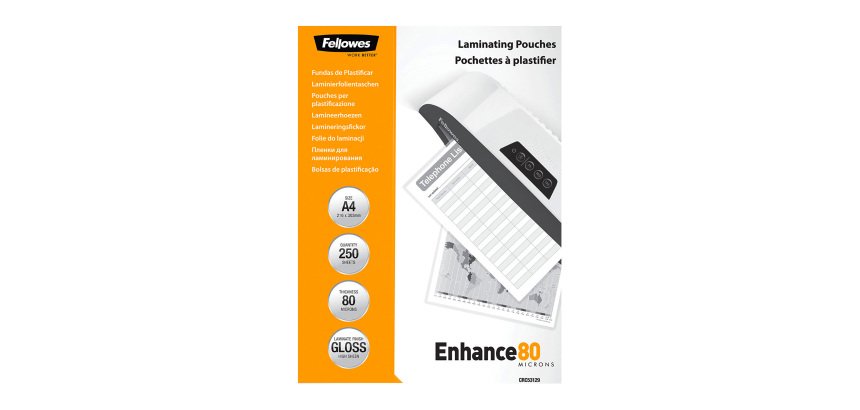 Pochettes de plastification Fellowes A4 2 x 80 µ brillantes - Boite de 250
