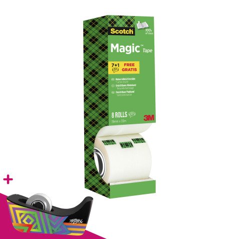 Pack de 7 rubans adhésif Scotch Magic invisible - Largeur 19 mm x longueur 33 m + 1 offert. Pour l'achat d'un pack = 1 dévidoir collector spécial anniversaire 100 ans Scotch offert.