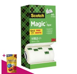 Pack de 12 rubans adhésif Scotch Magic invisible - Largeur 19 mm x longueur 33 m + 2 OFFERTS = Pour l'achat d'un pack de 12 rubans, 1 sachet de M&M OFFERT