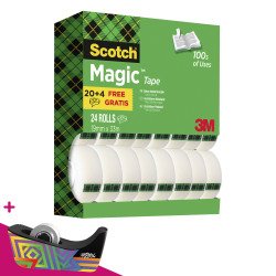 Pack 20 rubans adhésifs Scotch Magic invisible 33 m + 4 offerts. Pour l'achat d'un pack = 1 dévidoir collector spécial anniversaire 100 ans Scotch offert.