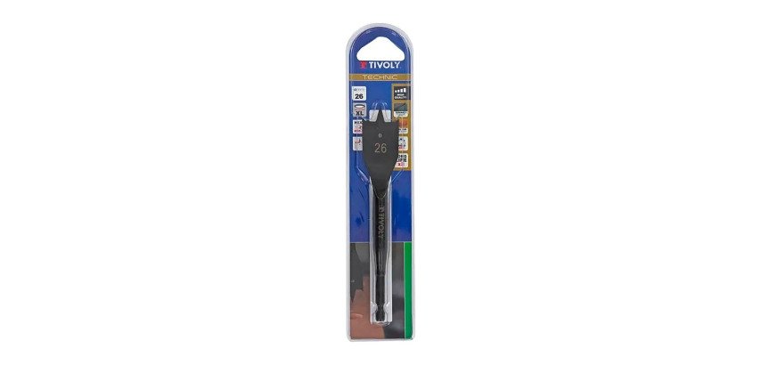 Flat wood drill bit Tivoly Technic with 6.35 mm hexagonal shank, reinforced body, dual chip breaker