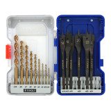 Set of 15 Tivoly Technic wood drills (9 HSS speed point wood drills Ø 2 to 10 mm + 6 flat wood bits Ø 14 to 24 mm)