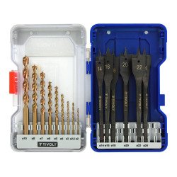 Set of 15 Tivoly Technic wood drills (9 HSS speed point wood drills Ø 2 to 10 mm + 6 flat wood bits Ø 14 to 24 mm)