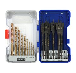 Set mit 15 Holzbohrern Tivoly Technic (9 HSS-Speedpoint-Holzbohrer Ø 2 bis 10 mm + 6 Flachholzbohrer Ø 14 bis 24 mm)