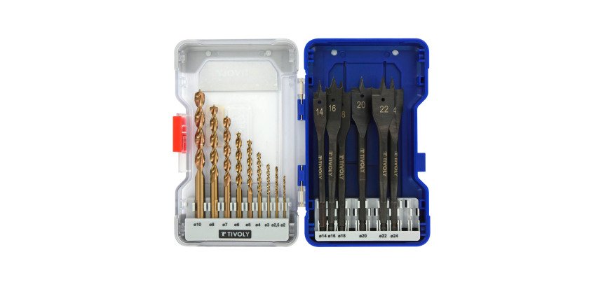 Coffret de 15 forets bois Tivoly Technic (9 forets bois HSS speed point Ø 2 à 10 mm + 6 mèches bois plates Ø 14 à 24 mm)