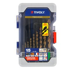 Coffret de 15 forets bois Tivoly Technic (9 forets bois HSS speed point Ø 2 à 10 mm + 6 mèches bois plates Ø 14 à 24 mm)