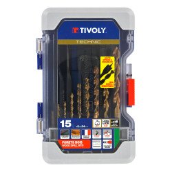Coffret de 15 forets bois Tivoly Technic (9 forets bois HSS speed point Ø 2 à 10 mm + 6 mèches bois plates Ø 14 à 24 mm)