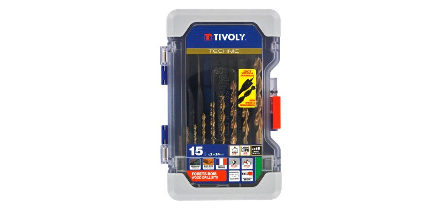 Coffret de 15 forets bois Tivoly Technic (9 forets bois HSS speed point Ø 2 à 10 mm + 6 mèches bois plates Ø 14 à 24 mm)