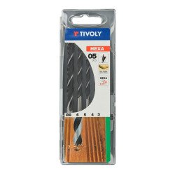 Coffret de 5 forets bois 3 pointes Tivoly queue hexagonale 6,35 mm contenant les Ø 3 à 8 mm