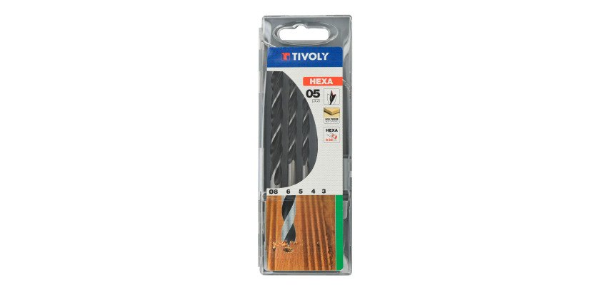 Coffret de 5 forets bois 3 pointes Tivoly queue hexagonale 6,35 mm contenant les Ø 3 à 8 mm