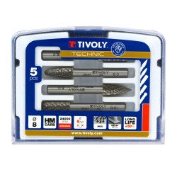Koffer met 5 roterende carbide vijllijsten Ø 8 mm Tivoly Technic met normale vertanding en spaanbreker, schacht Ø 6 mm