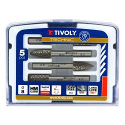 Coffret de 5 fraises limes rotatives carbure Ø 8 mm Tivoly Technic denture normale avec brise copeaux queue Ø 6 mm