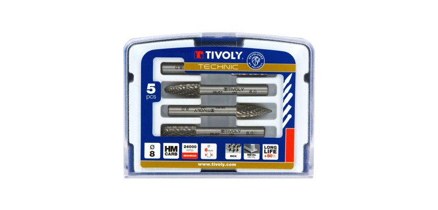 Kasten mit 5 Drehfräsköpfen aus Hartmetall, Ø 8 mm Tivoly Technic mit normaler Verzahnung und Spanbrecher, Schaft Ø 6 mm