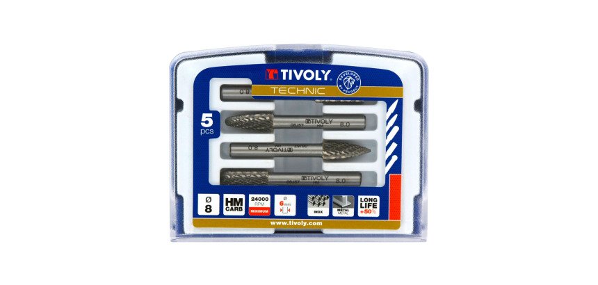 Coffret de 5 fraises limes rotatives carbure Ø 8 mm Tivoly Technic denture normale avec brise copeaux queue Ø 6 mm