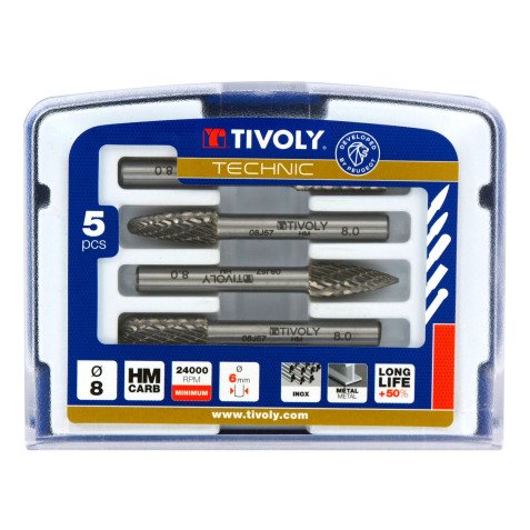 Coffret de 5 fraises limes rotatives carbure Ø 8 mm Tivoly Technic denture normale avec brise copeaux queue Ø 6 mm