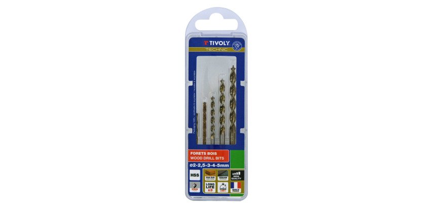 Set of 5 Tivoly Technic graduated wood drills from Ø 2 to 5 mm