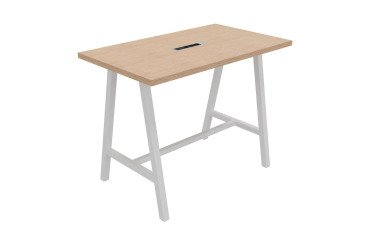 Hoge tafel Synergy met verzonken elektrische unit L 140 x D 80 x H 107 cm, wit metalen onderstel.