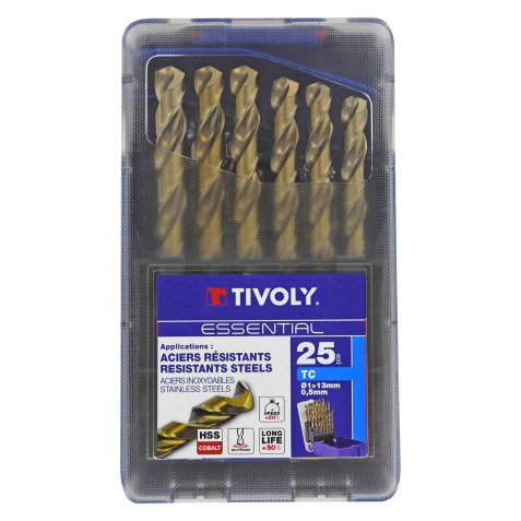 Forets métal HSS-E5 Cobalt 5 % Tivoly Technic Ø 1 à 13 mm - Coffret de 25 pièces