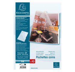 Chemise coin plastique Exacompta A4 polypropylène 20/100e transparente incolore - Paquet de 10