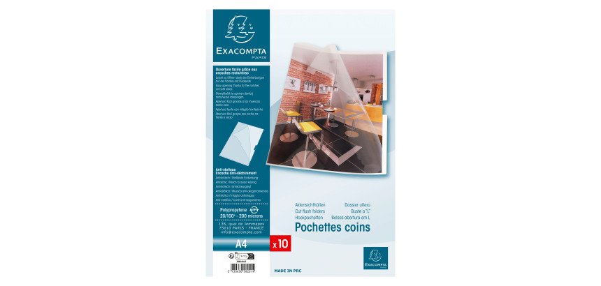 Chemise coin plastique Exacompta A4 polypropylène 20/100e transparente incolore - Paquet de 10