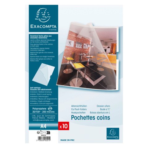 Chemise coin plastique Exacompta A4 polypropylène 20/100e transparente incolore - Paquet de 10
