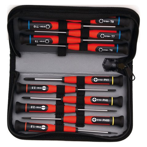 Jeu de 12 tournevis micro Mob (Fente, Phillips®, Torx®)