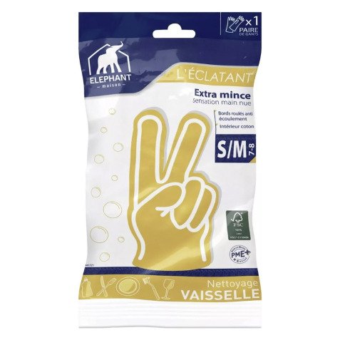 Gants vaisselle L'Eclatant latex jaune seconde peau - La paire, taille S/M
