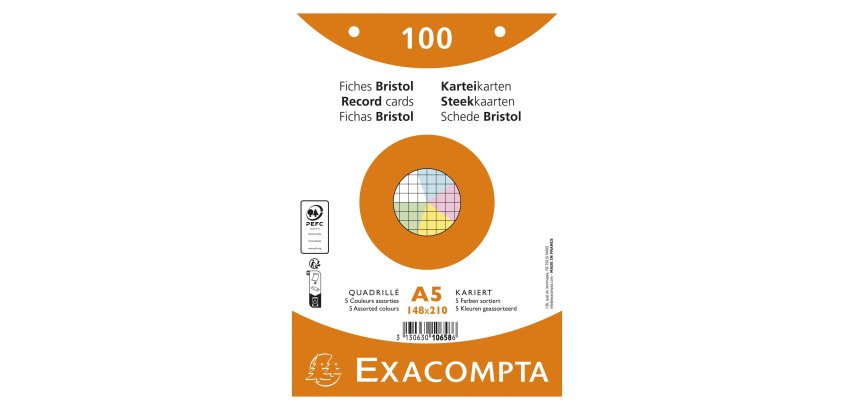 Ficha Bristol 148 x 210 mm cuadriculada 5 x 5 colores surtidos perforada Exacompta - Caja de 100