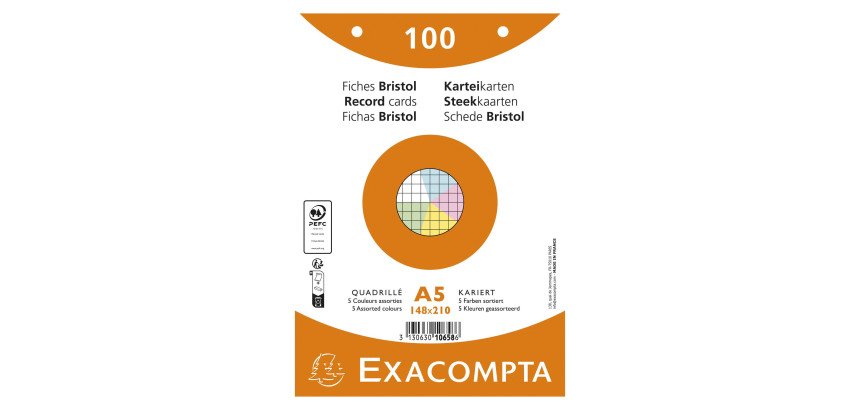 Ficha Bristol 148 x 210 mm cuadriculada 5 x 5 colores surtidos perforada Exacompta - Caja de 100