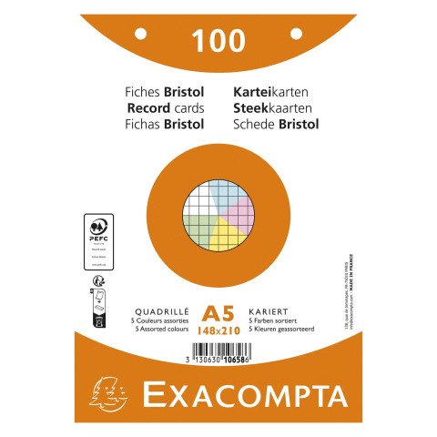 Ficha Bristol 148 x 210 mm cuadriculada 5 x 5 colores surtidos perforada Exacompta - Caja de 100