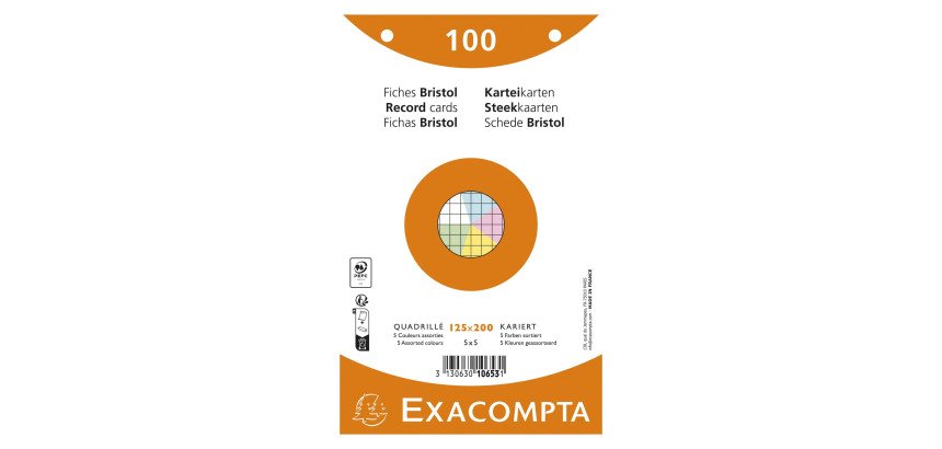 Ficha Bristol 125 x 200 mm cuadriculada 5 x 5 colores surtidos perforada Exacompta - Caja de 100