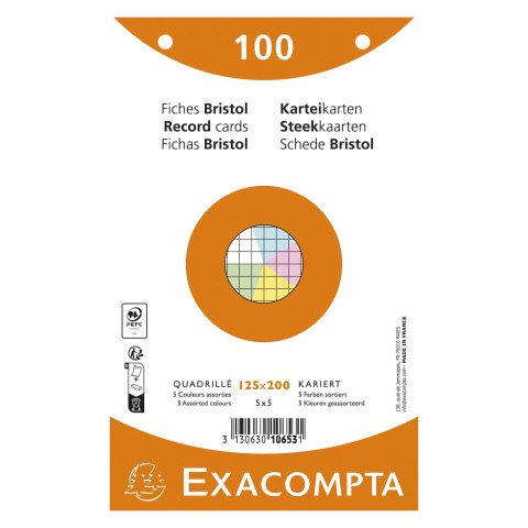 Ficha Bristol 125 x 200 mm cuadriculada 5 x 5 colores surtidos perforada Exacompta - Caja de 100