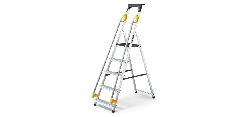 Scala pieghevole con corrimano e mensola Drabest per uso professionale in alluminio, 5 gradini
