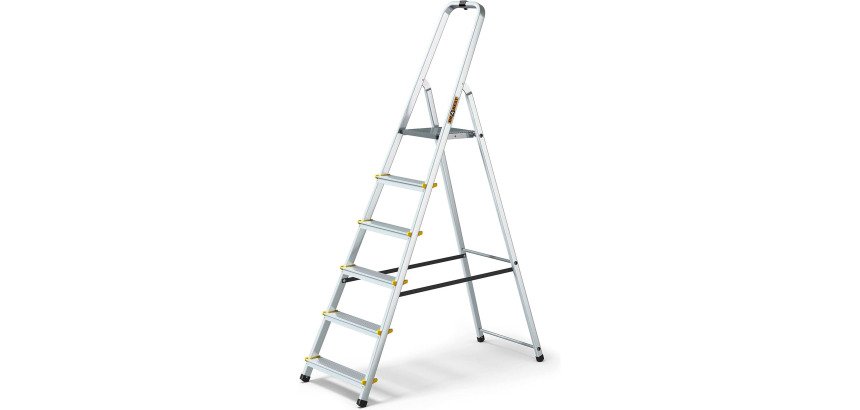 Scala pieghevole con mensola Drabest per uso professionale in alluminio, 6 gradini