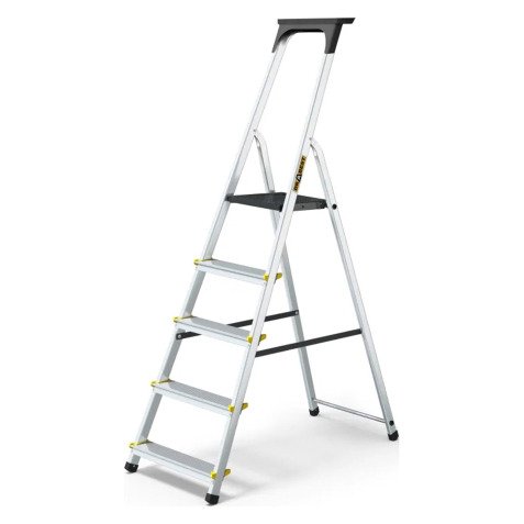 Scala pieghevole con mensola Drabest per uso professionale in alluminio, 5 gradini