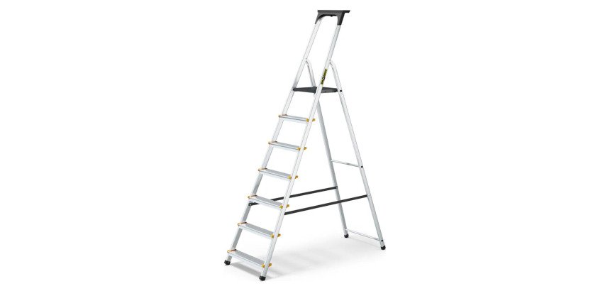 Scala pieghevole con mensola Drabest per uso professionale in alluminio, 7 gradini