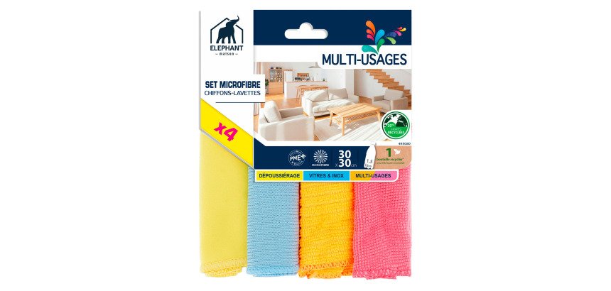 Lavettes microfibre multi-usages Eléphant - Lot de 4