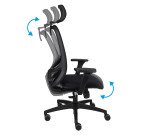 Chaise de bureau ergonomique Nodi Noir, tissu et maille, avec accoudoirs 3D et appui-tête, mécanisme synchrone + régalge profondeur d'assise, pieds noirs