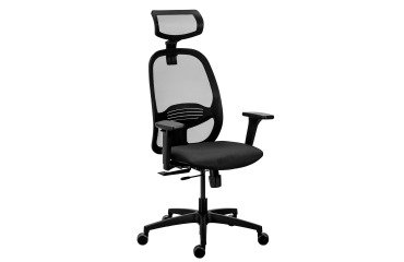 Black NODI ergonomic office chair, fabric and mesh, with 3D armrests and headrest, synchronous mechanism + seat depth adjustment, black legs