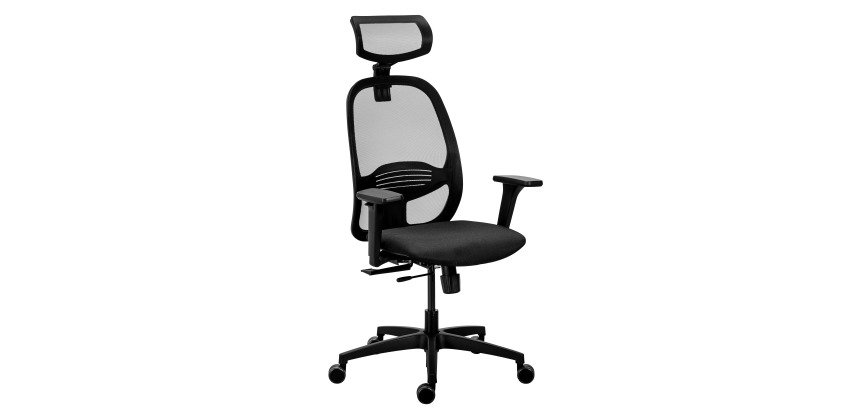 Chaise de bureau ergonomique NODI Noir, tissu et maille, avec accoudoirs 3D et appui-tête, mécanisme synchrone + réglage profondeur d'assise, pieds noirs