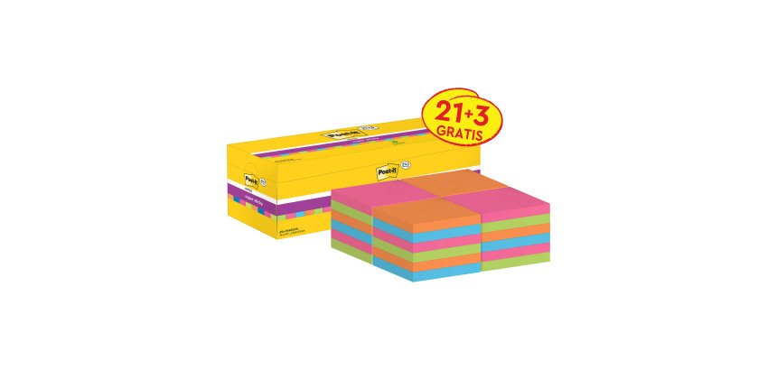Post-it Super Sticky Notes 76 x 76 mm Assorted 90 Sheets Value Pack 21 + 3 Free